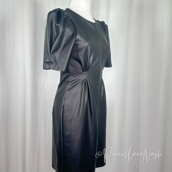 Express Puff Sleeve Vegan Leather Sheat Dress Black - Picture 3 of 11